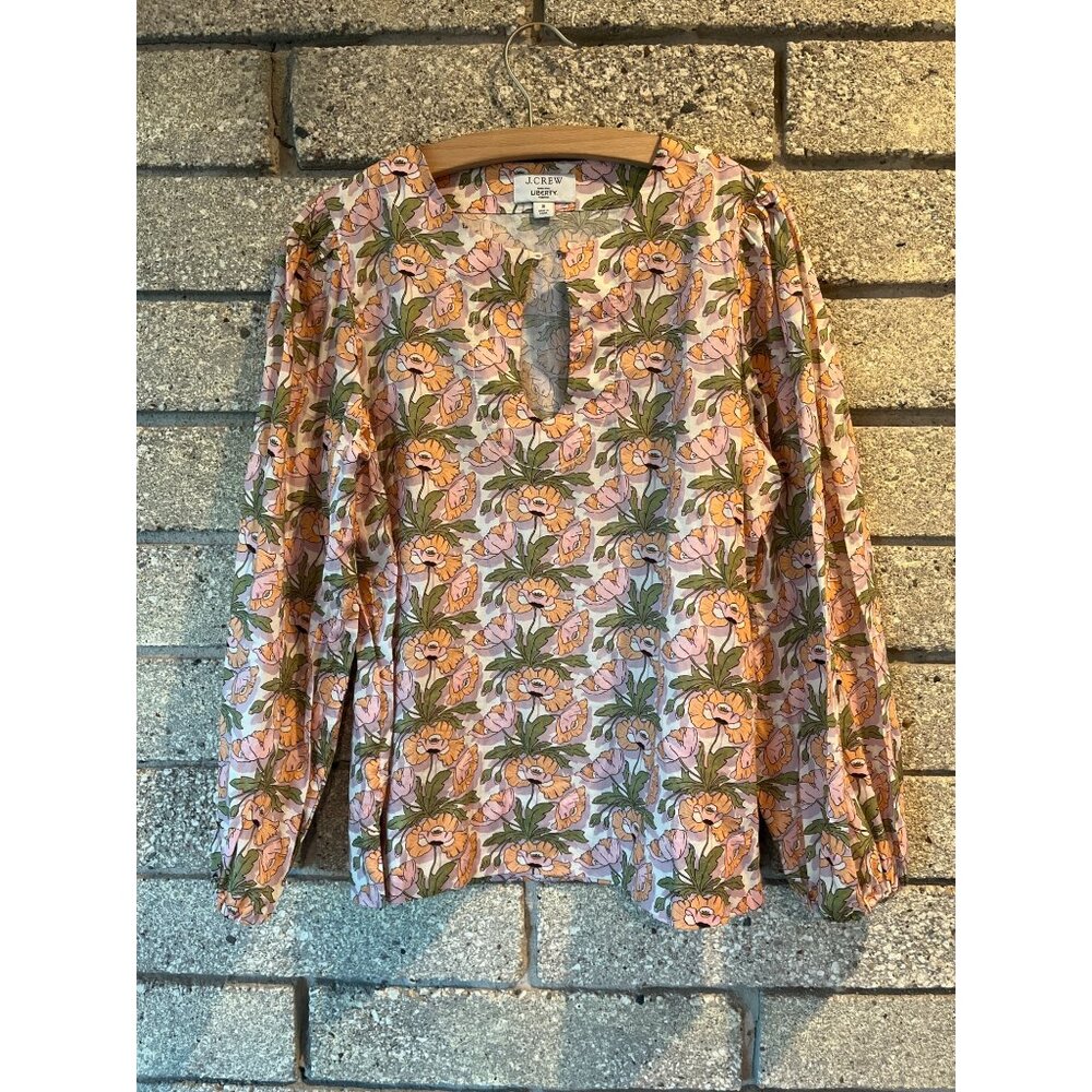 J.Crew Liberty Floral Print Blouse Small S Pink/Orange Cotton Long Sleeve Lightw